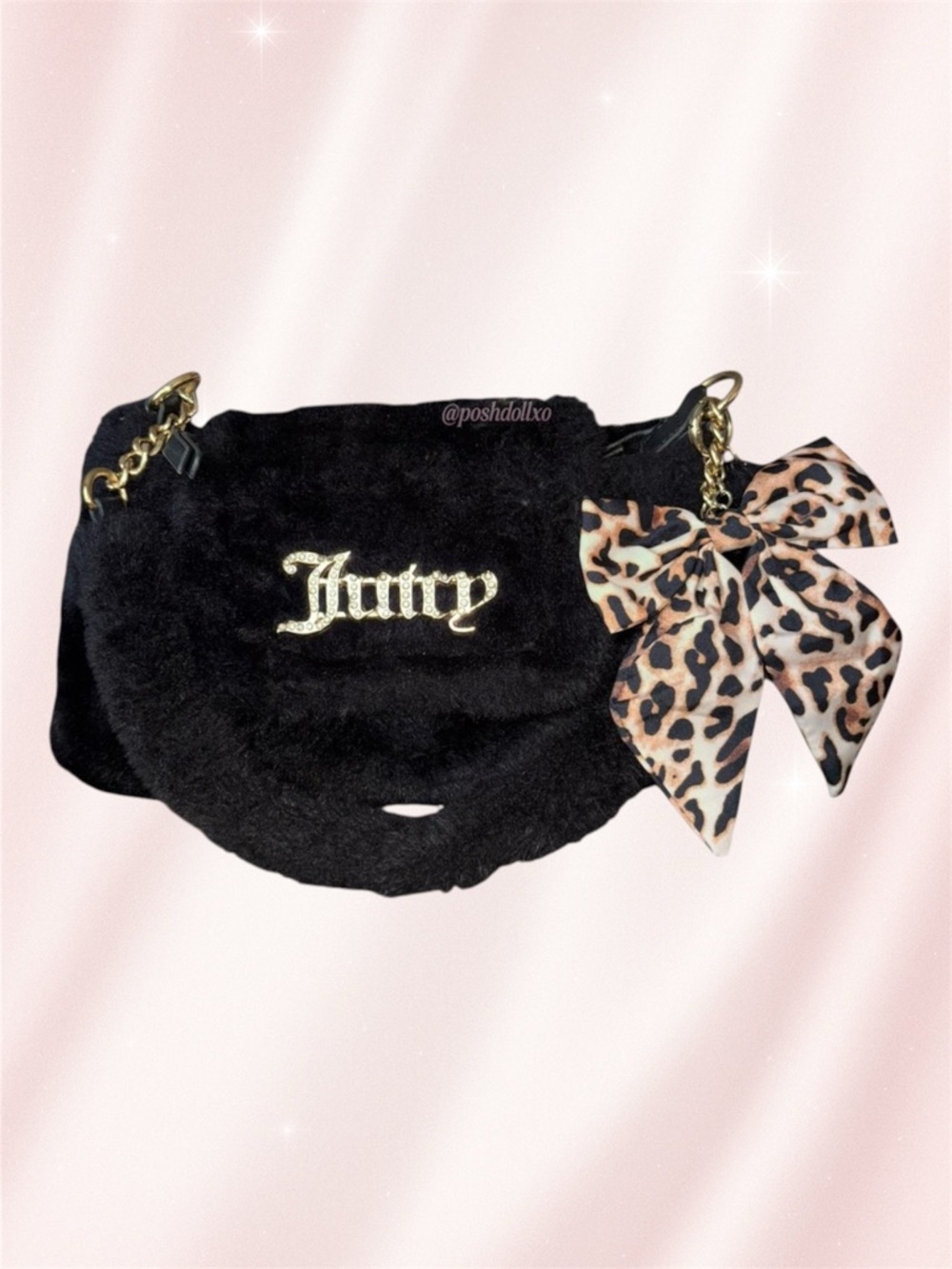 Juicy Couture Fluffy Shoulder Bag In Licorice Black + Leopard Bow Bag Charm